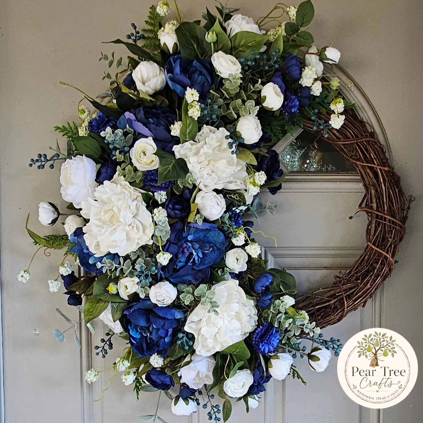 Navy Blue and White Floral Grapevine Front Door Wreath