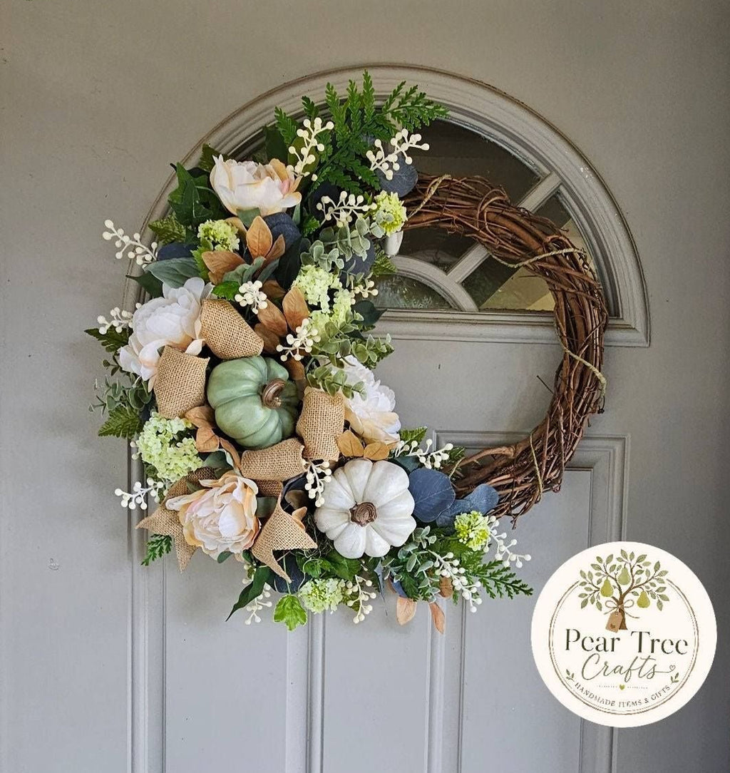 Rustic Fall Grapevine Wreath with Sage & White Pumpkins