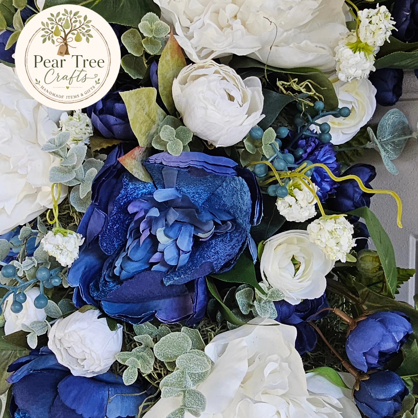 Navy Blue and White Floral Grapevine Front Door Wreath