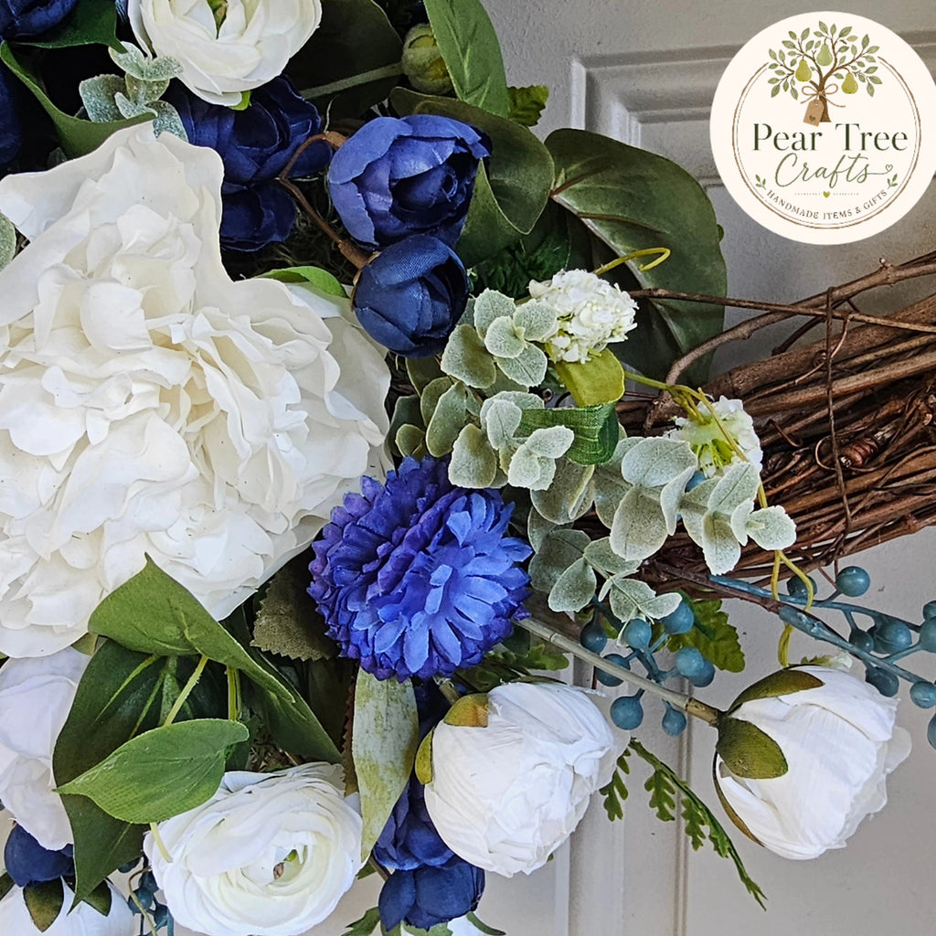 Navy Blue and White Floral Grapevine Front Door Wreath