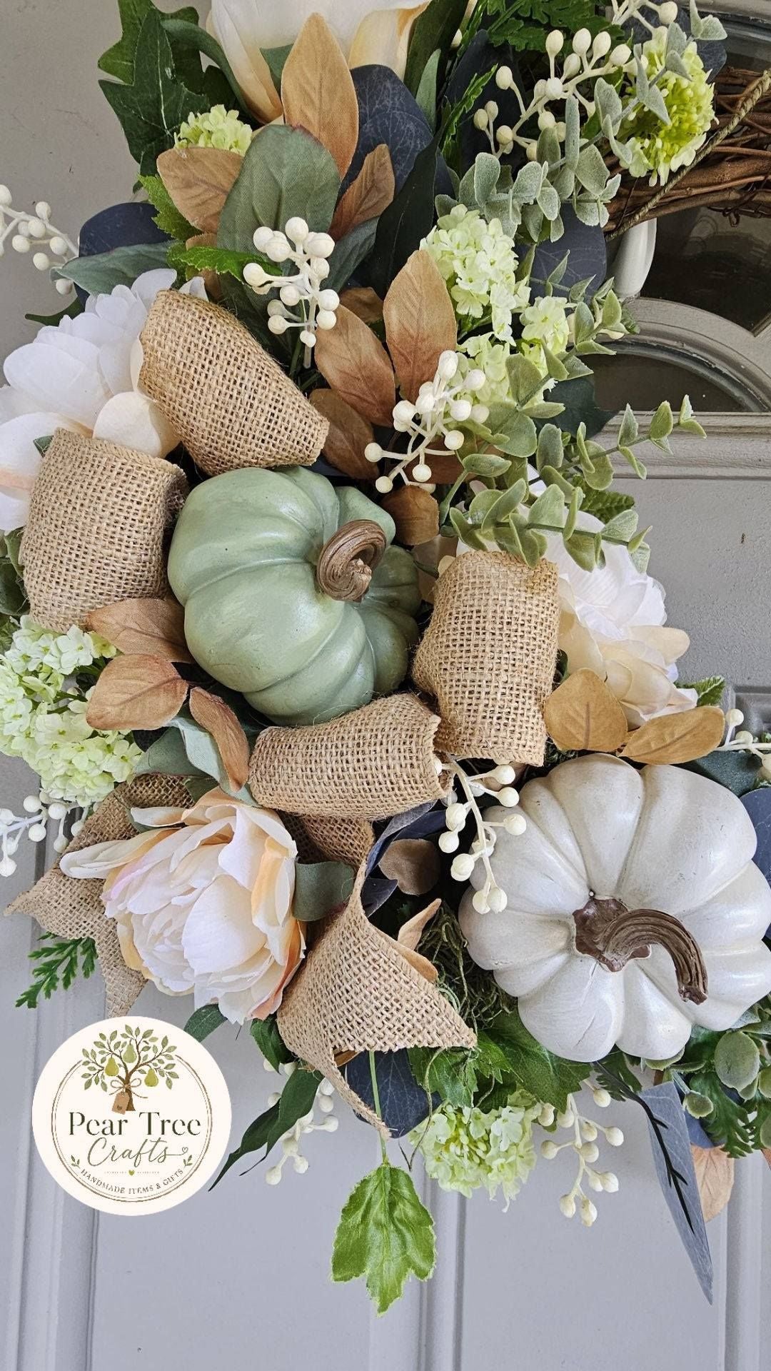 Rustic Fall Grapevine Wreath with Sage & White Pumpkins
